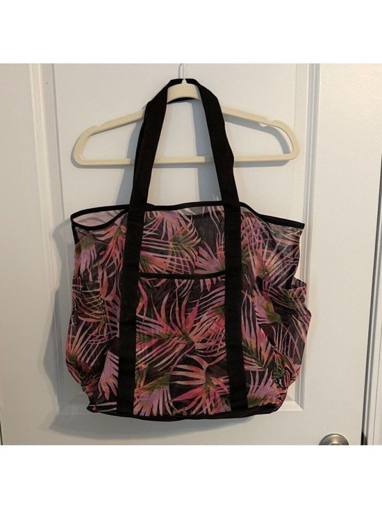 No Brand Handbags - Pink & Black Tropical Leaf Mesh Beach Tote Bag | Large Pool Travel Shopper